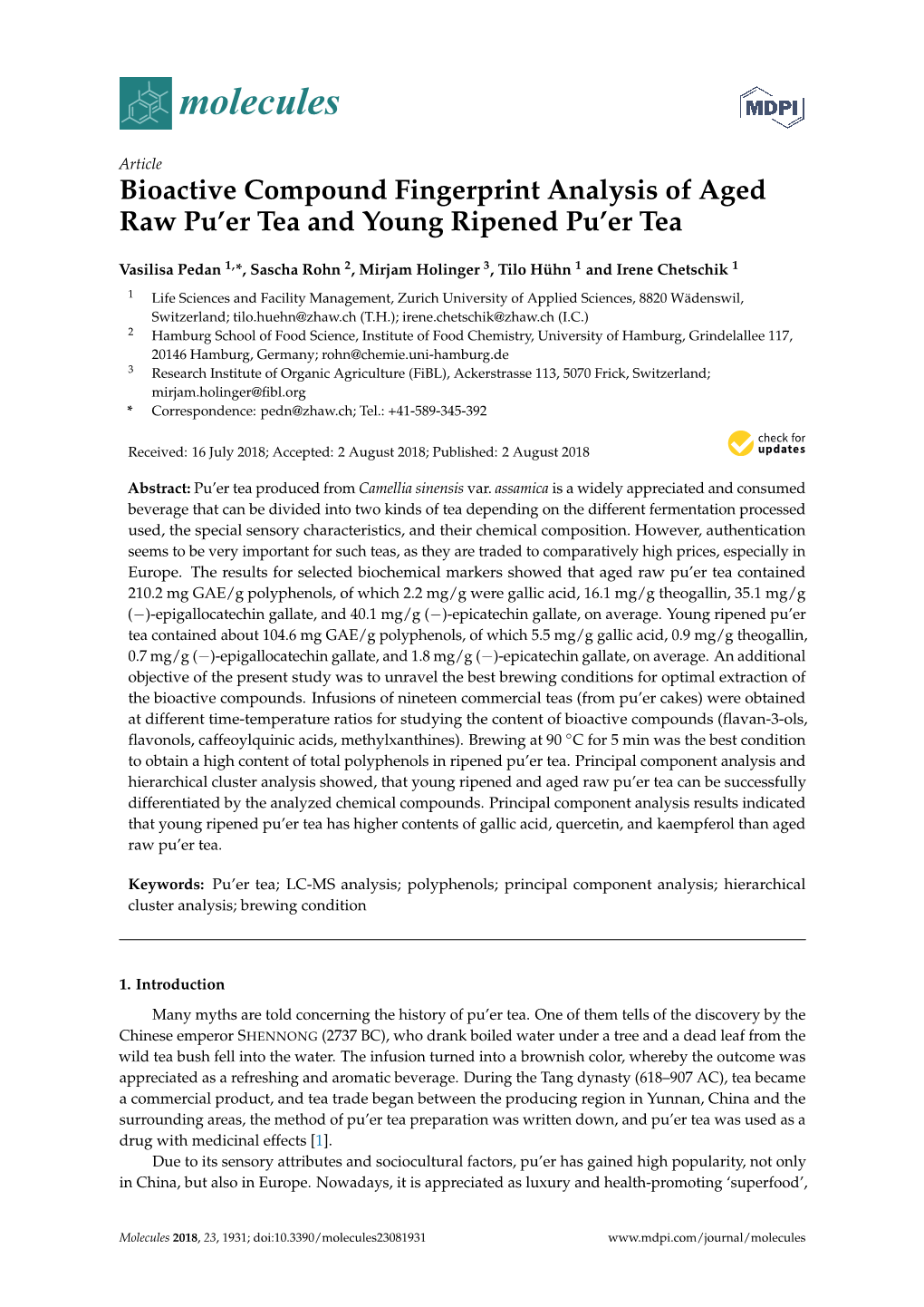 Bioactive Compound Fingerprint Analysis of Aged Raw Pu'er Tea