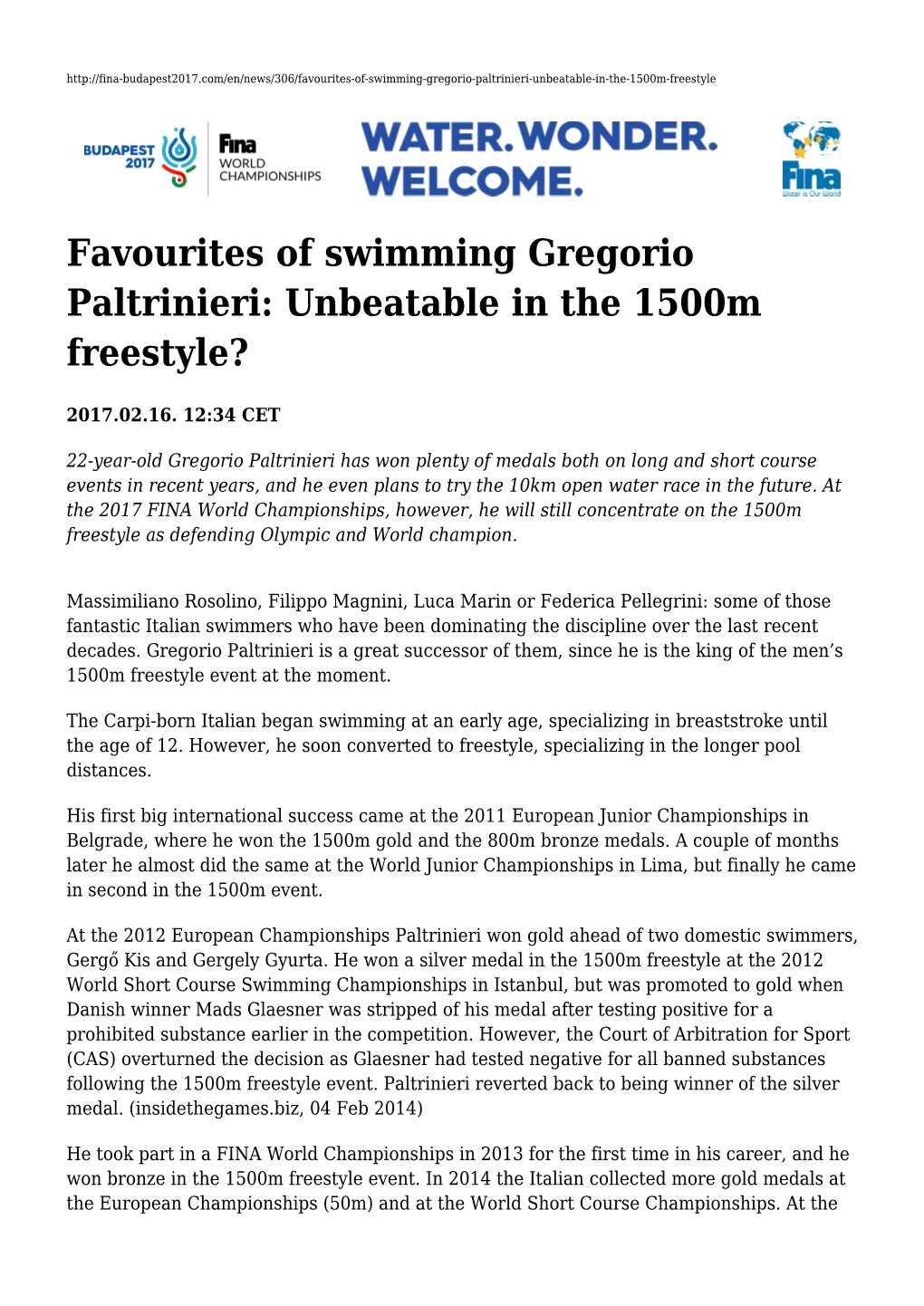 Favourites of Swimming Gregorio Paltrinieri: Unbeatable in the 1500M Freestyle?