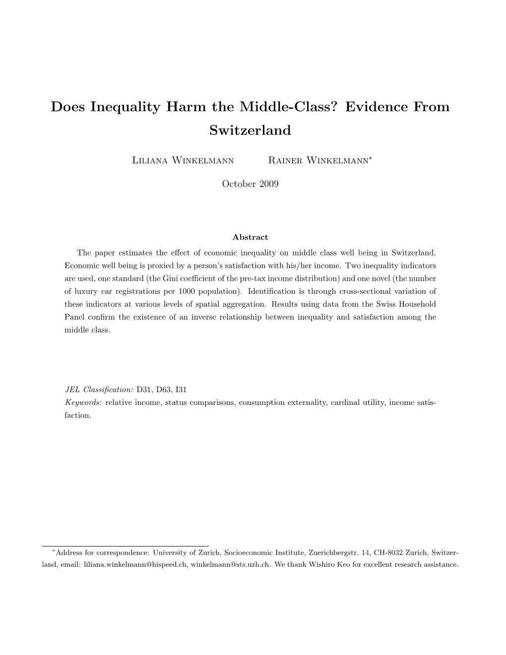 Does Inequality Harm the Middle-Class? Evidence from Switzerland