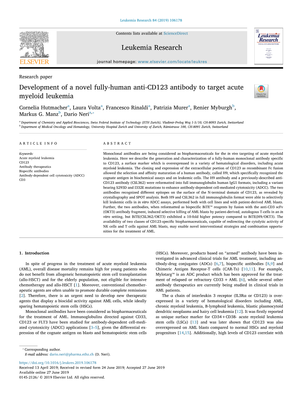 Development of a Novel Fully-Human Anti-CD123 Antibody to Target Acute Myeloid Leukemia T