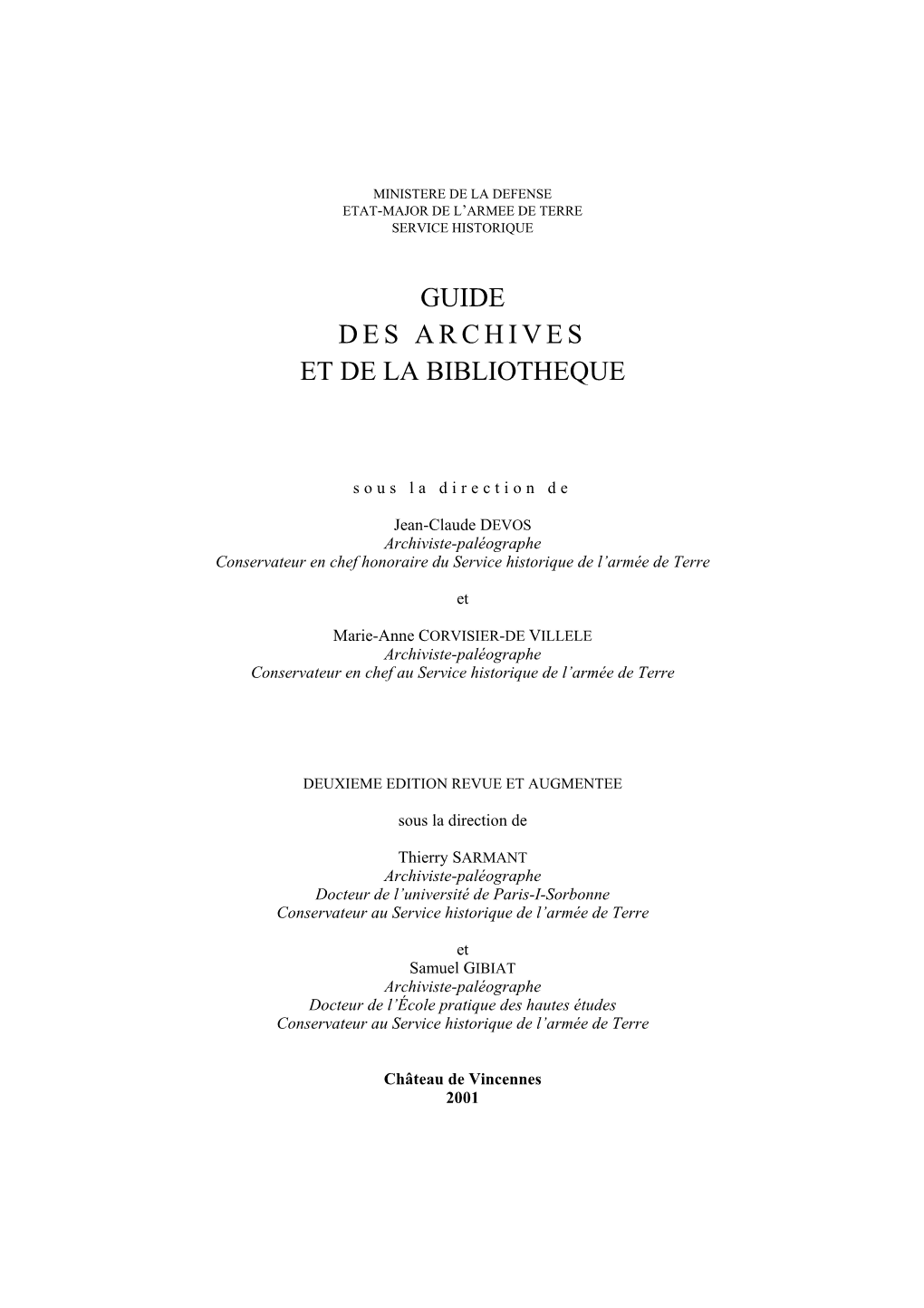 Guide Des Archives Et De La Bibliotheque