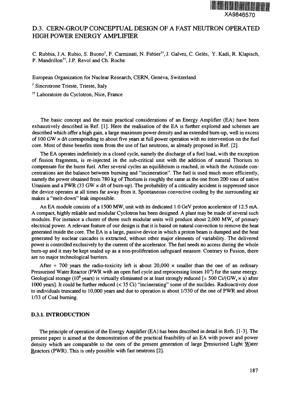 D.3. Cern-Group Conceptual Design of a Fast Neutron Operated High Power Energy Amplifier