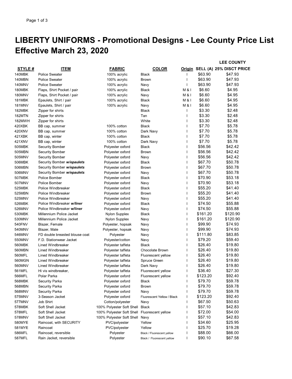 LIBERTY UNIFORMS - Promotional Designs - Lee County Price List Effective March 23, 2020