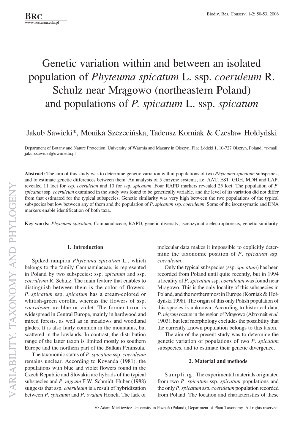 Genetic Variation Within and Between an Isolated Population of Phyteuma Spicatum L