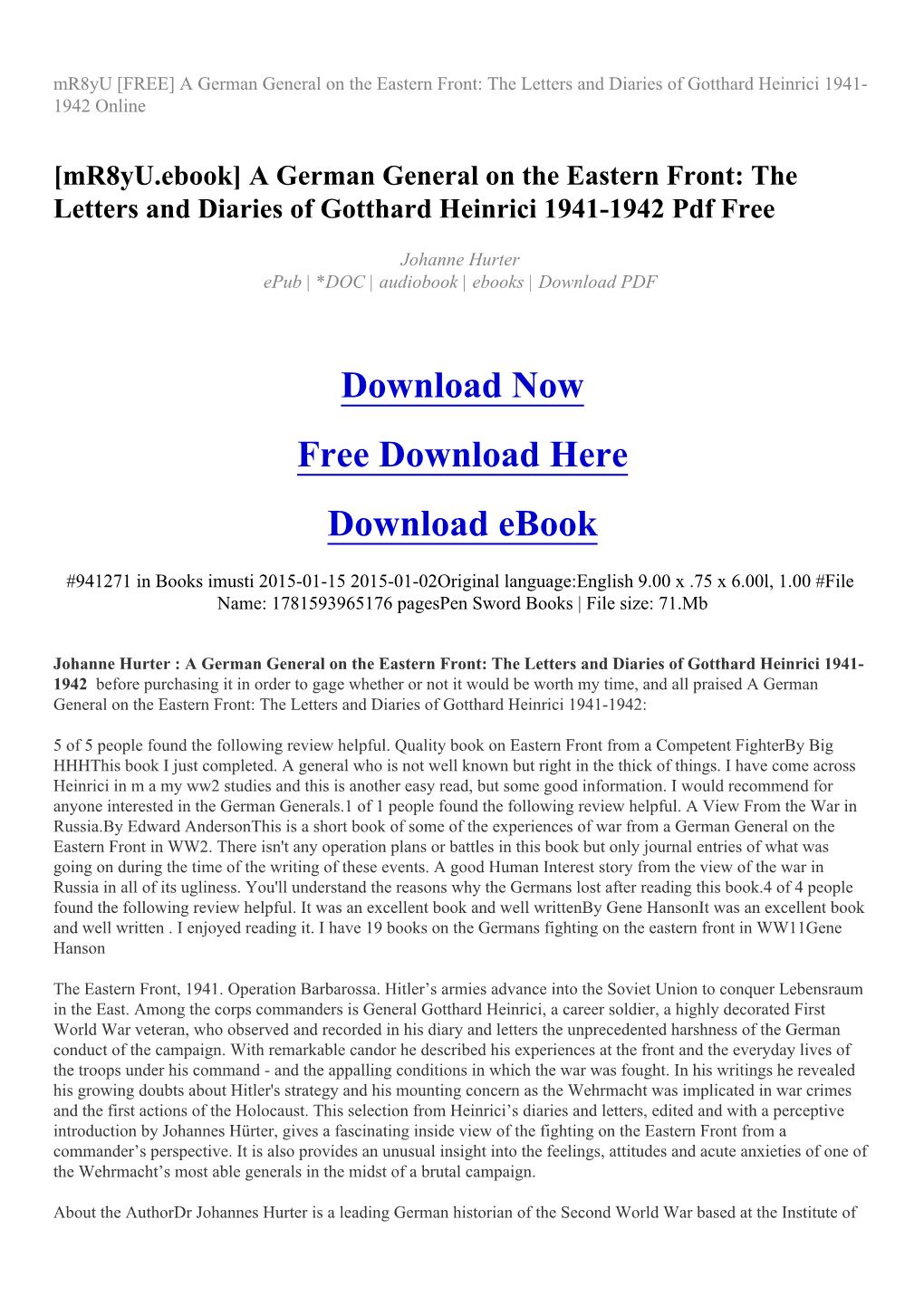 A German General on the Eastern Front: the Letters and Diaries of Gotthard Heinrici 1941- 1942 Online