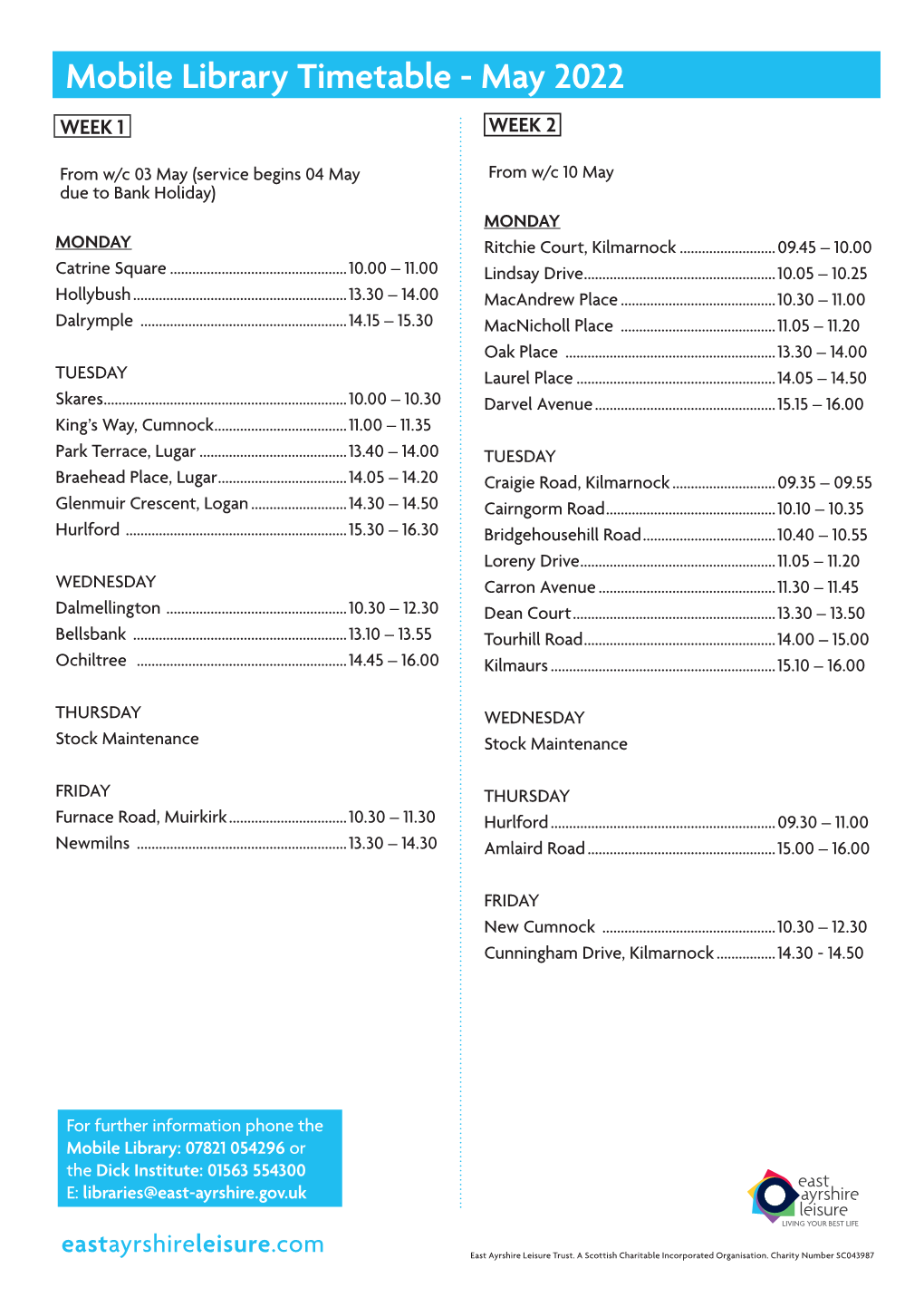 Mobile Library Timetable - May 2022 WEEK 1 WEEK 2