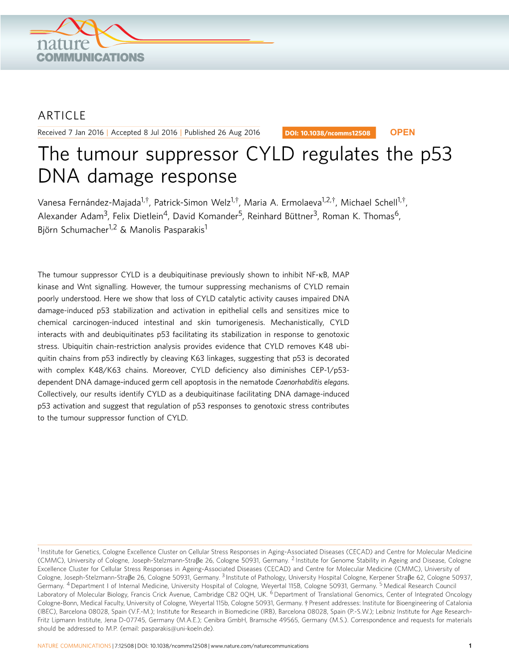 The Tumour Suppressor CYLD Regulates the P53 DNA Damage Response