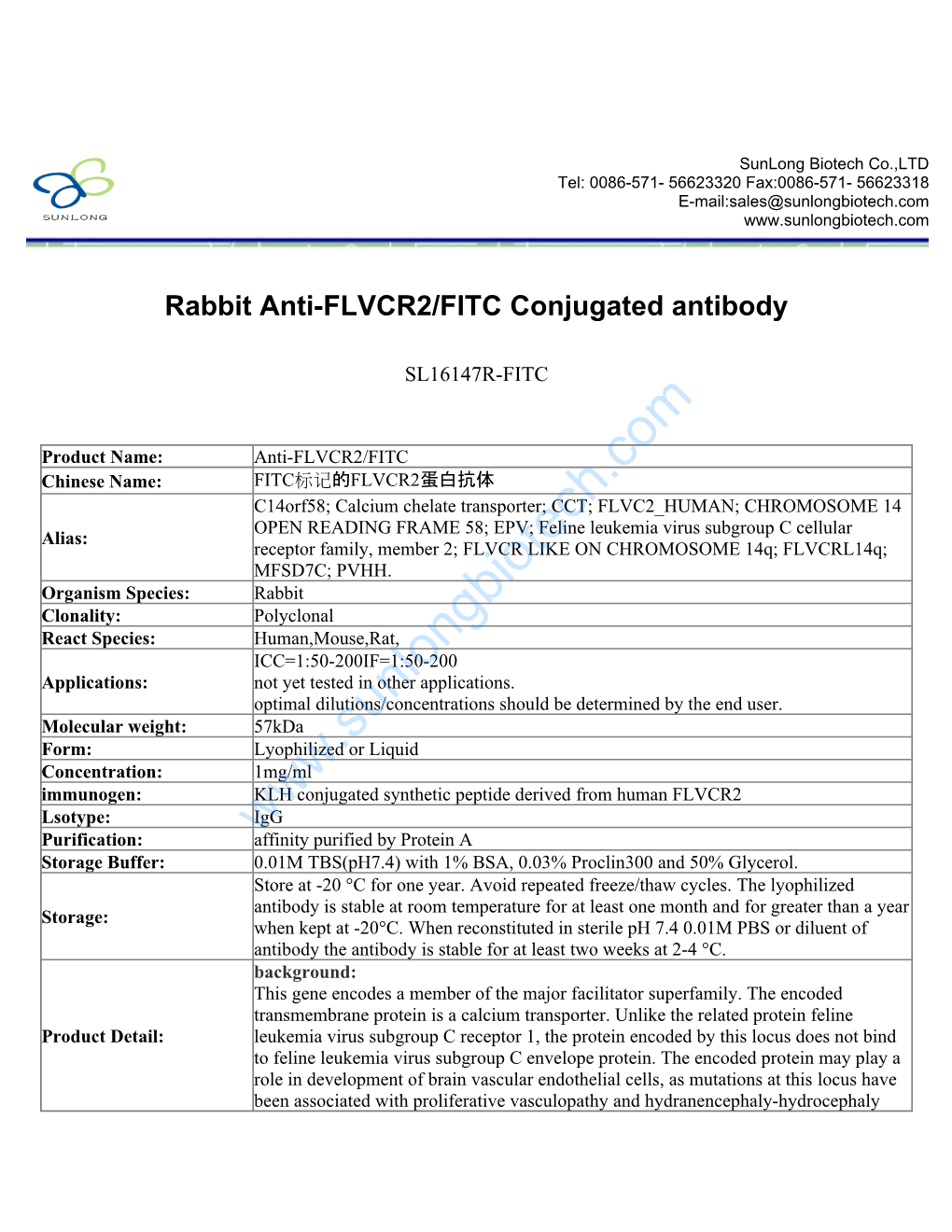 Rabbit Anti-FLVCR2/FITC Conjugated Antibody-SL16147R-FITC