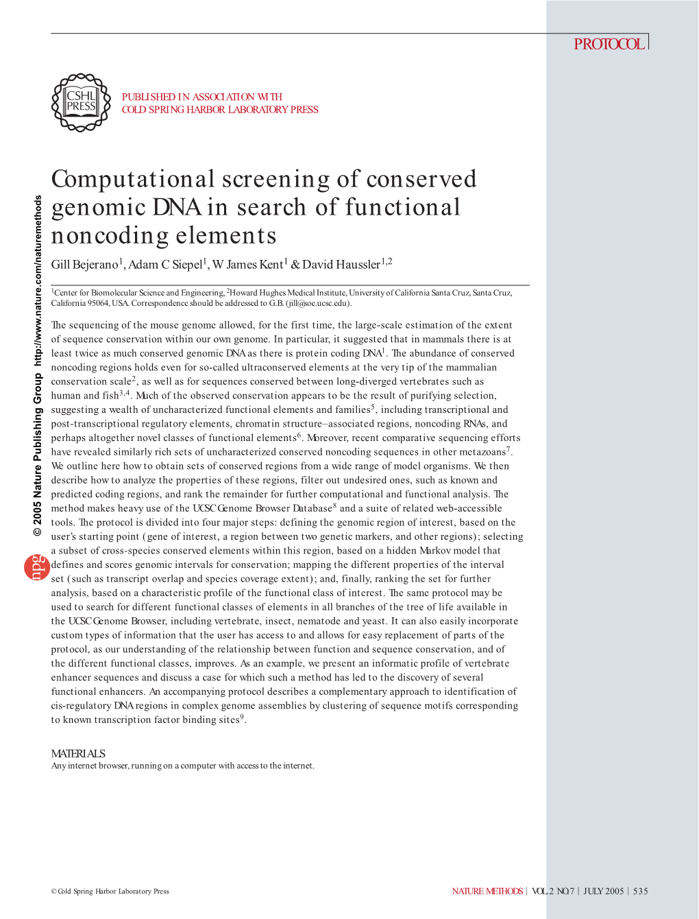 Computational Screening of Conserved Genomic DNA in Search