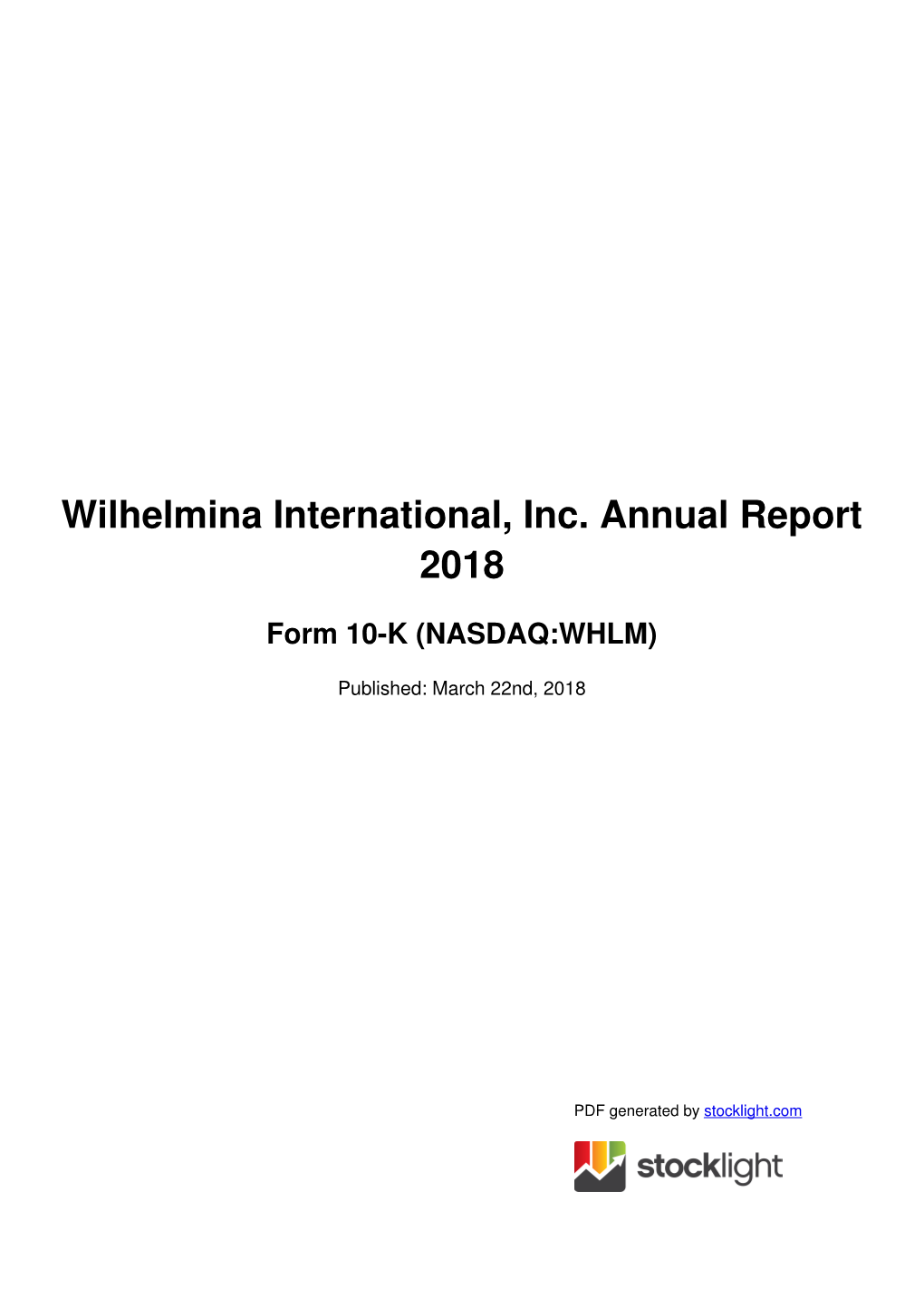 Wilhelmina International, Inc. Annual Report 2018