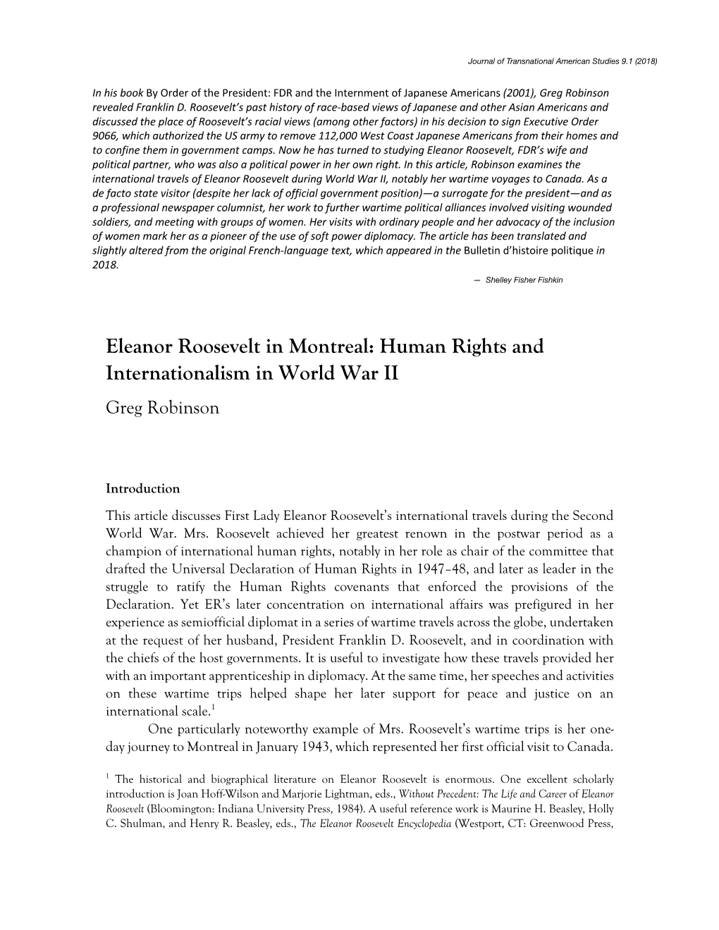 Eleanor Roosevelt in Montreal: Human Rights and Internationalism in World War II Greg Robinson