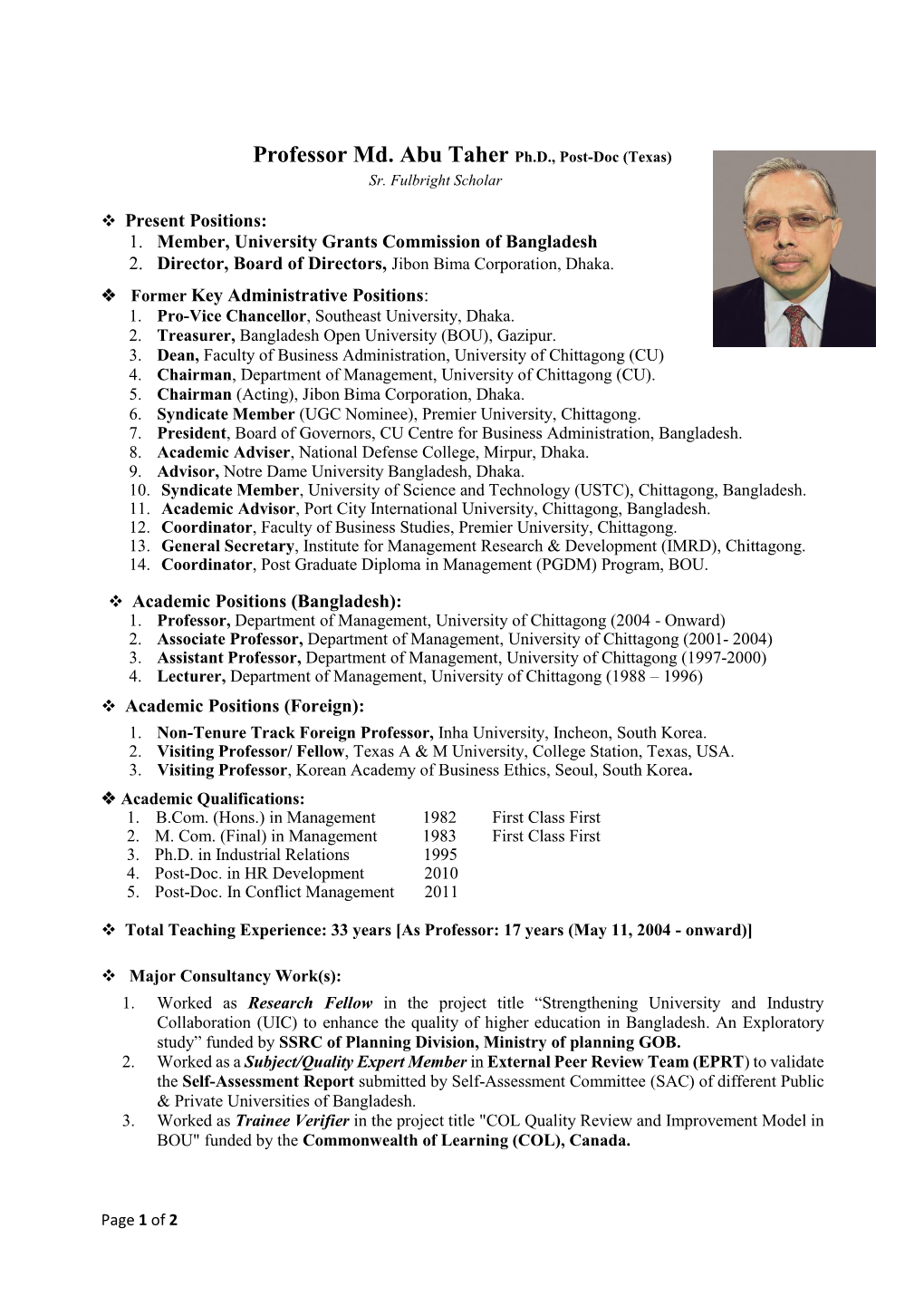 Professor Md. Abu Taher Ph.D., Post-Doc (Texas) Sr