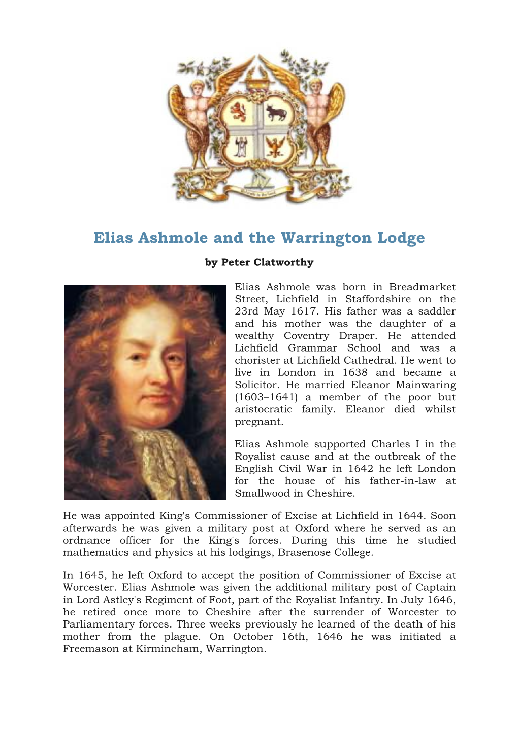 Elias Ashmole and the Warrington Lodge