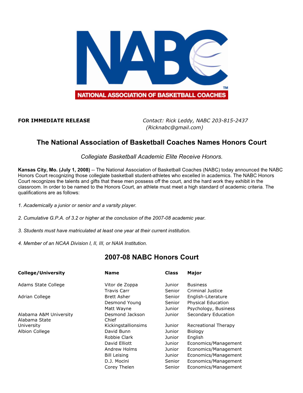 The National Association of Basketball Coaches Names Honors Court