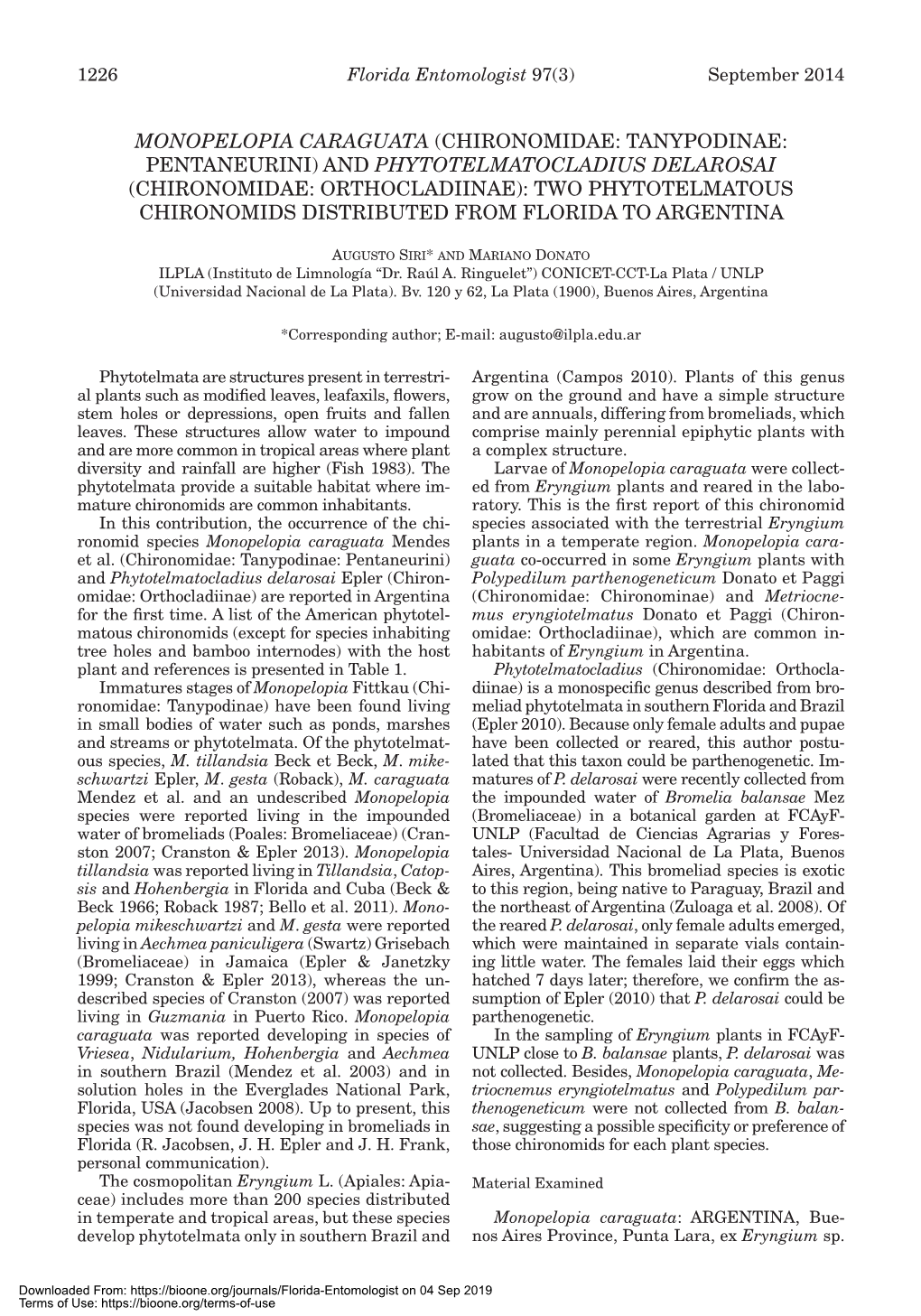 And Phytotelmatocladius Delarosai (Chironomidae: Orthocladiinae): Two Phytotelmatous Chironomids Distributed from Florida to Argentina