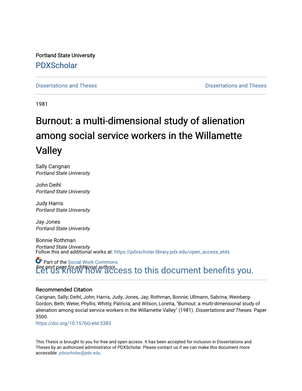 Burnout: a Multi-Dimensional Study of Alienation Among Social Service Workers in the Willamette Valley