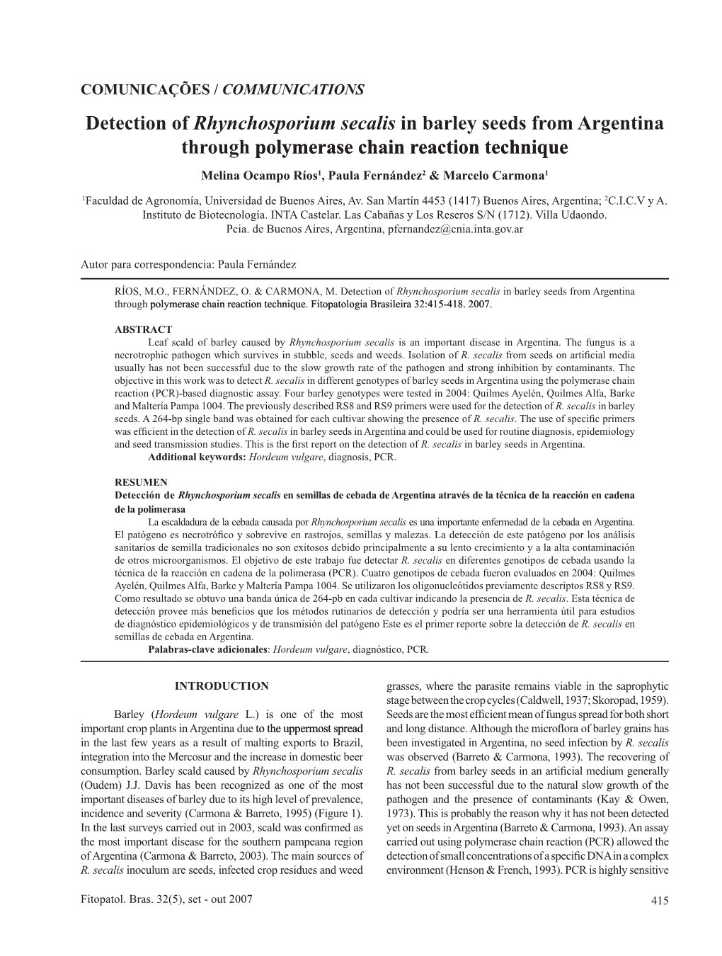 Detection of Rhynchosporium Secalis in Barley Seeds