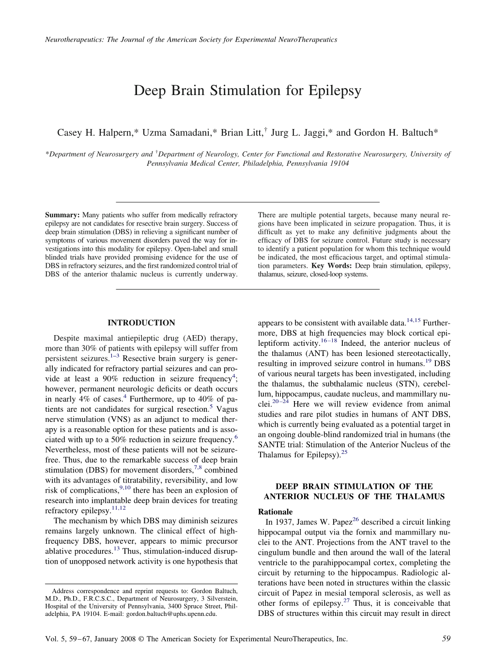 Deep Brain Stimulation for Epilepsy