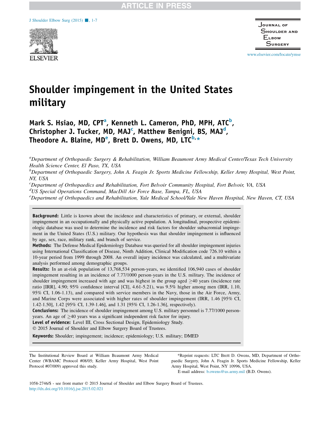 Shoulder Impingement in the United States Military
