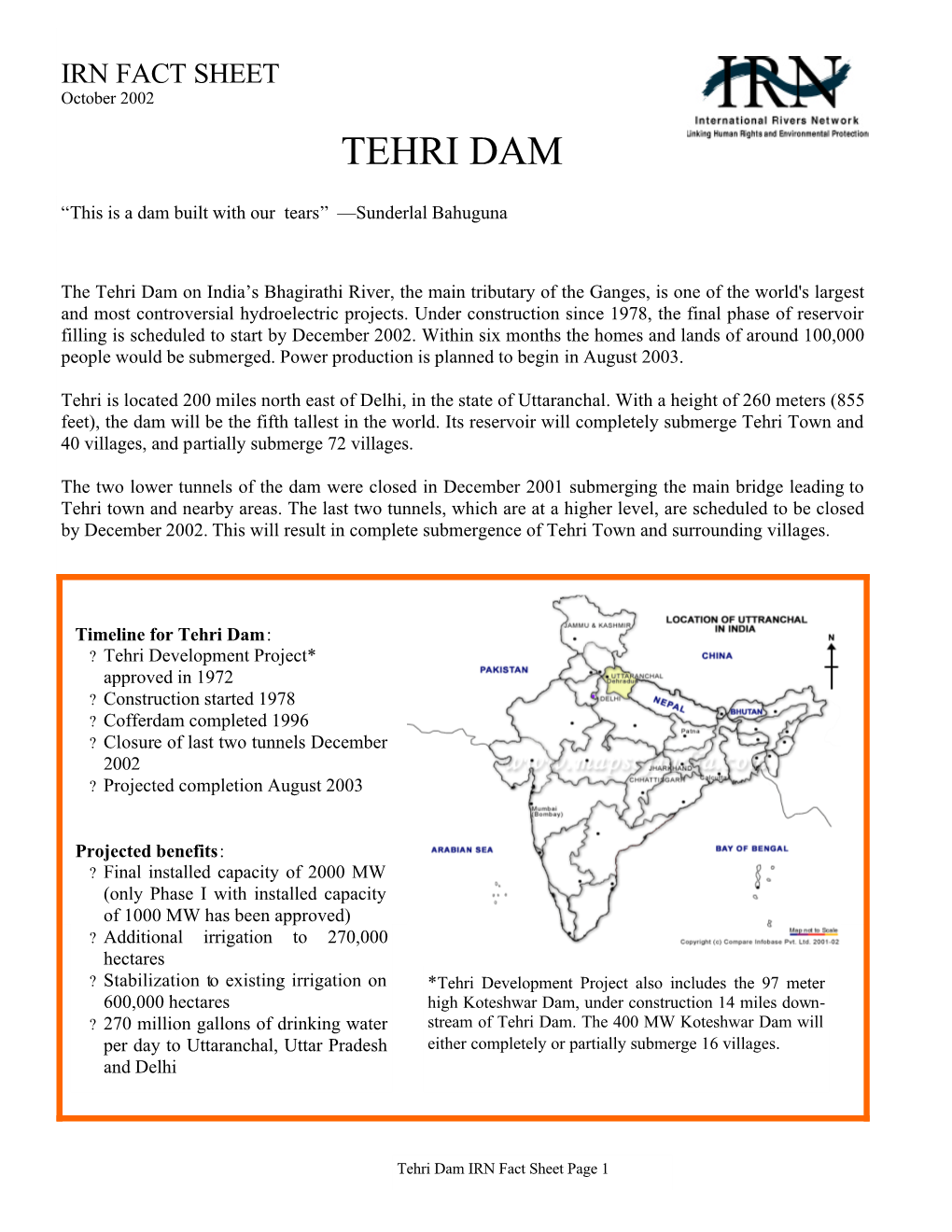 Tehri Dam Fact Sheet