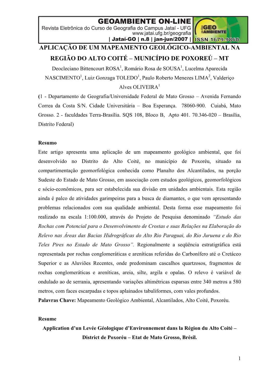 Aplicação De Um Mapeamento Geológico-Ambiental Na Região Do