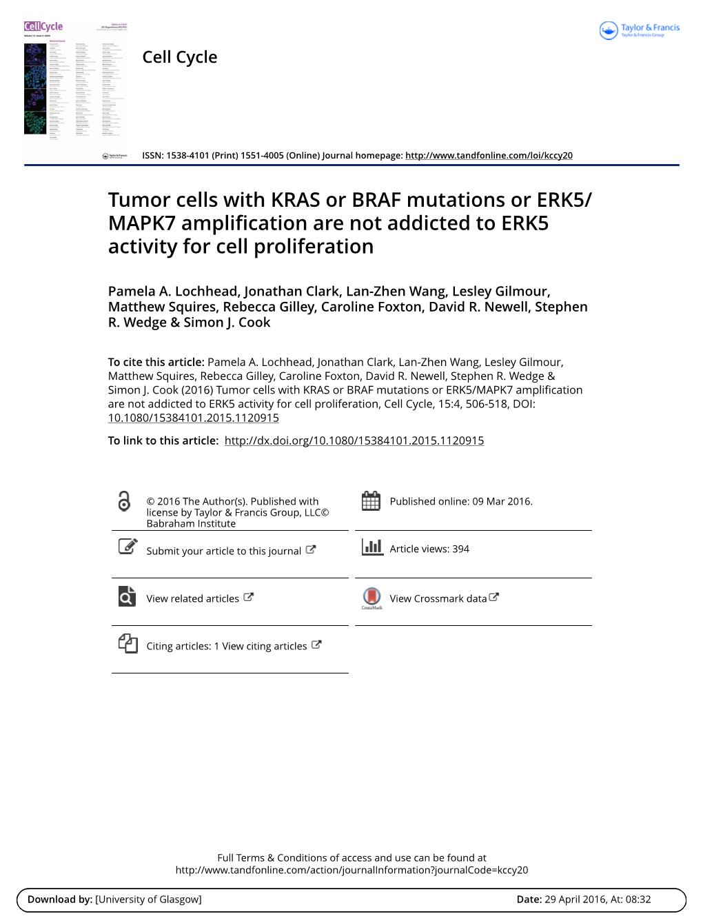 Tumor Cells with KRAS Or BRAF Mutations Or ERK5/ MAPK7 Amplification Are Not Addicted to ERK5 Activity for Cell Proliferation