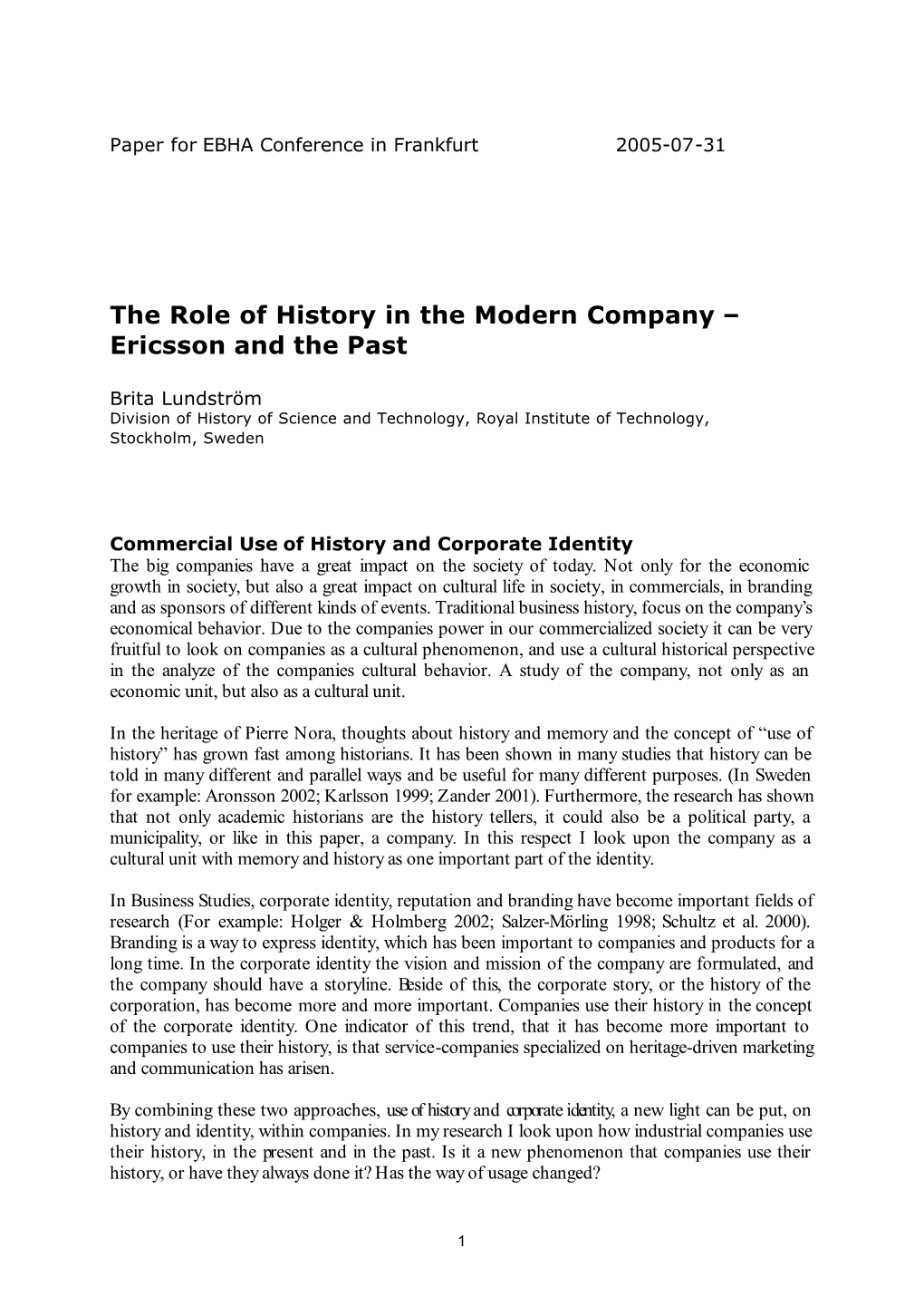 The Role of History in the Modern Company – Ericsson and the Past