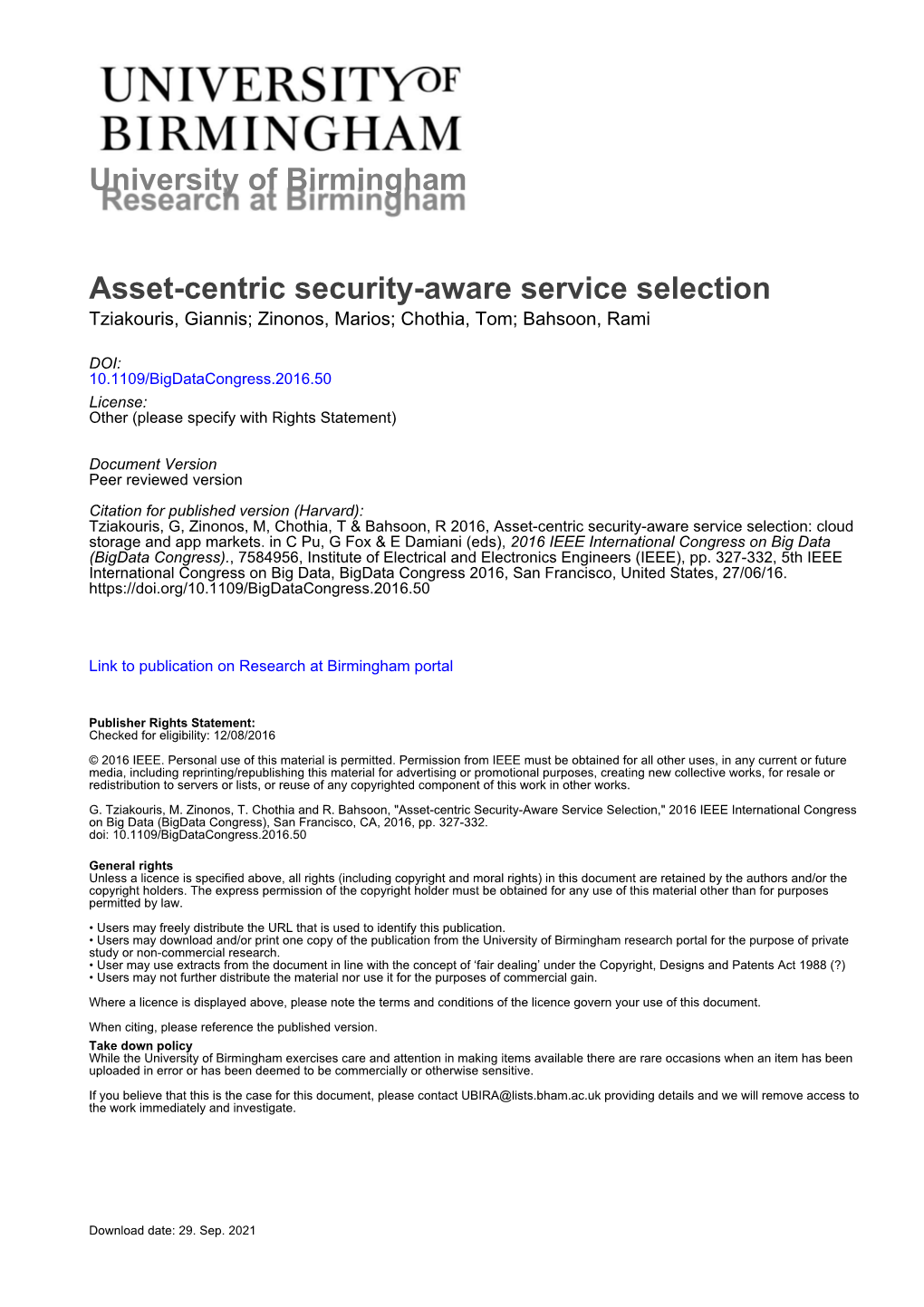 Asset-Centric Security-Aware Service Selection Tziakouris, Giannis; Zinonos, Marios; Chothia, Tom; Bahsoon, Rami