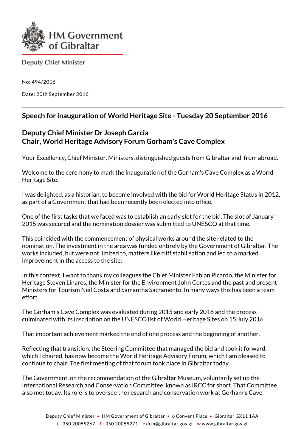 Speech for Inauguration of World Heritage Site - Tuesday 20 September 2016