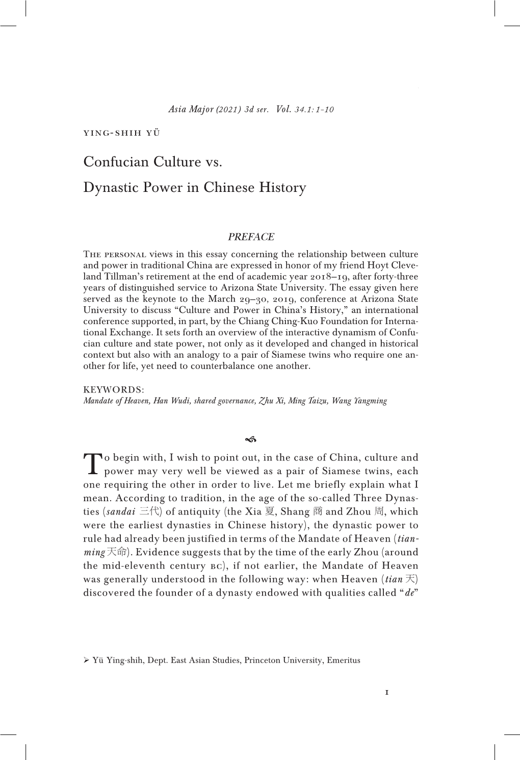 Confucian Culture Vs. Dynastic Power in Chinese History