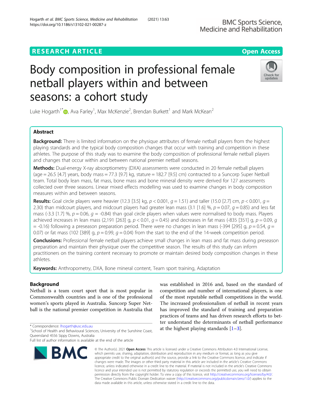 Body Composition in Professional Female Netball Players Within And