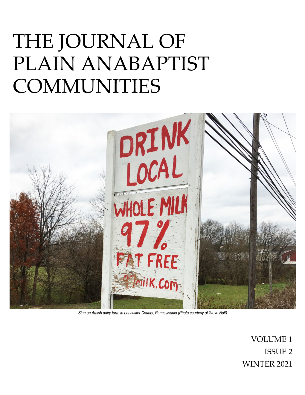 The Journal of Plain Anabaptist Communities Vol. 1, No. 2 Front Matter
