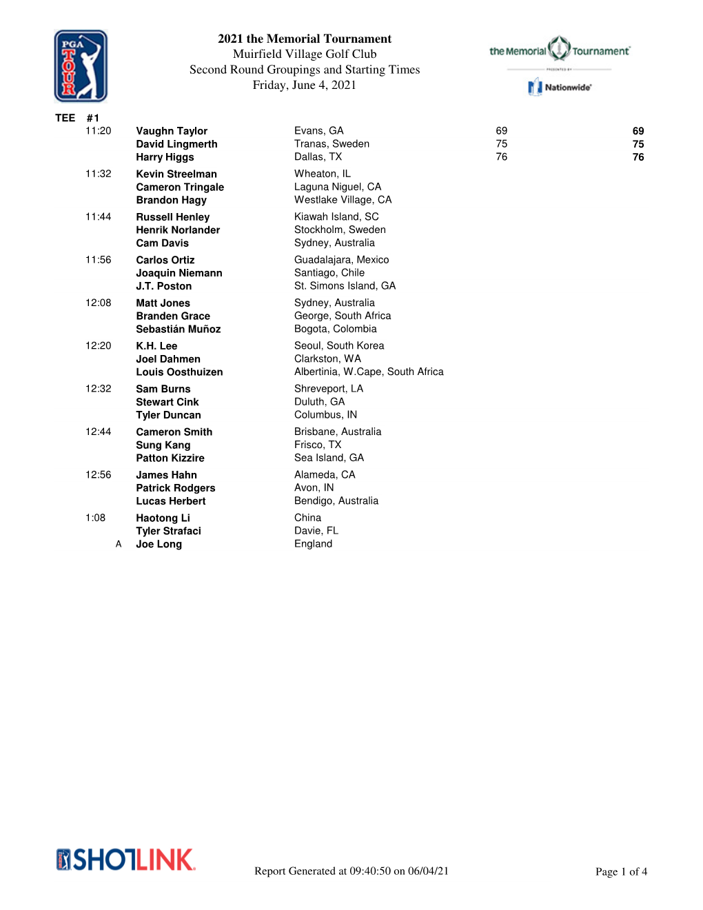 2021 the Memorial Tournament Muirfield Village Golf Club Second Round Groupings and Starting Times Friday, June 4, 2021