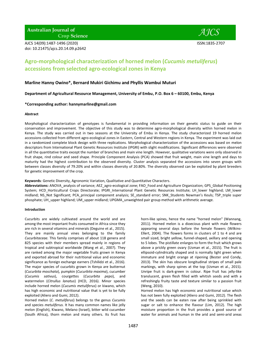 Cucumis Metuliferus) Accessions from Selected Agro-Ecological Zones in Kenya