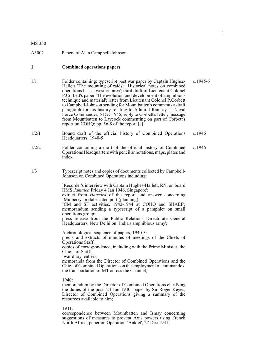 MS 350 A3002 Papers of Alan Campbell-Johnson 1 Combined Operations Papers 1/1 Folder Containing