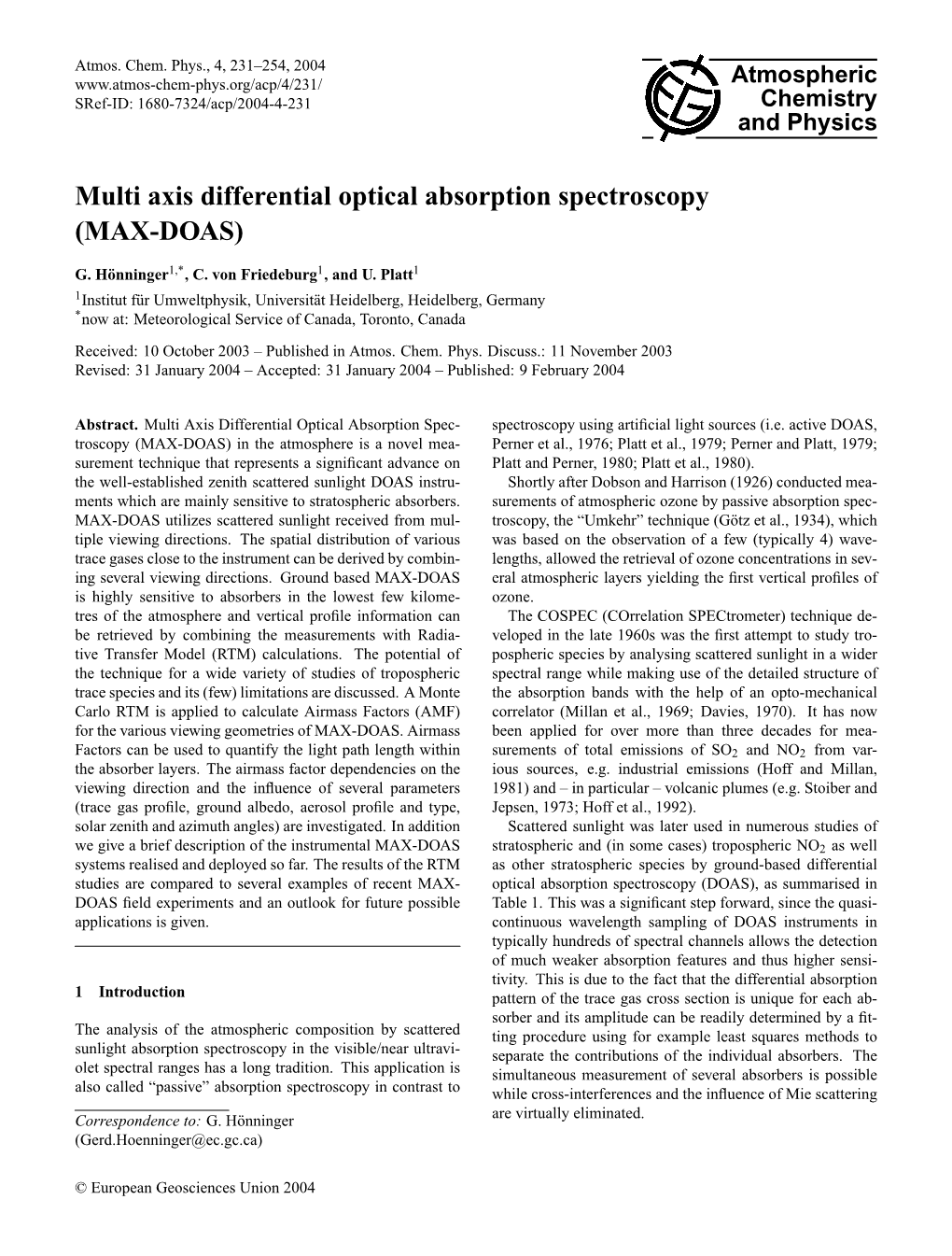 Multi Axis Differential Optical Absorption Spectroscopy (MAX-DOAS)