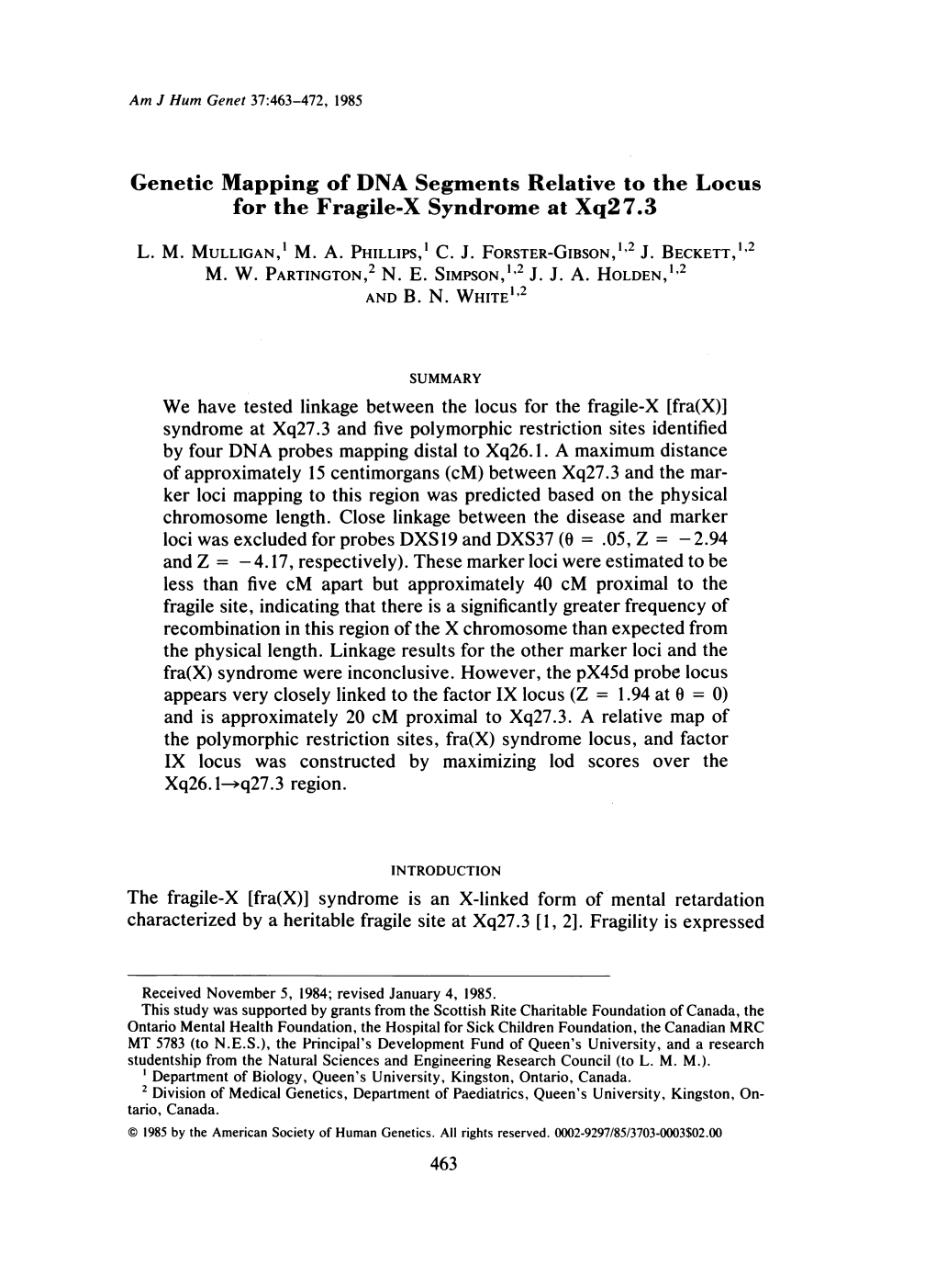 Genetic Mapping of DNA Segments Relative to the Locus for the Fragile-X Syndrome at Xq27.3 L