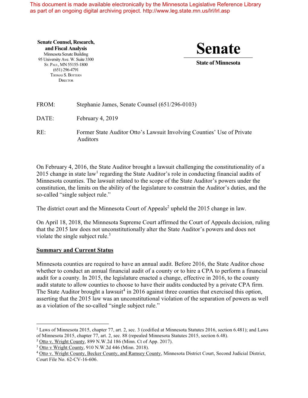 Senate Counsel, Research, and Fiscal Analysis Minnesota Senate Building Senate 95 University Ave