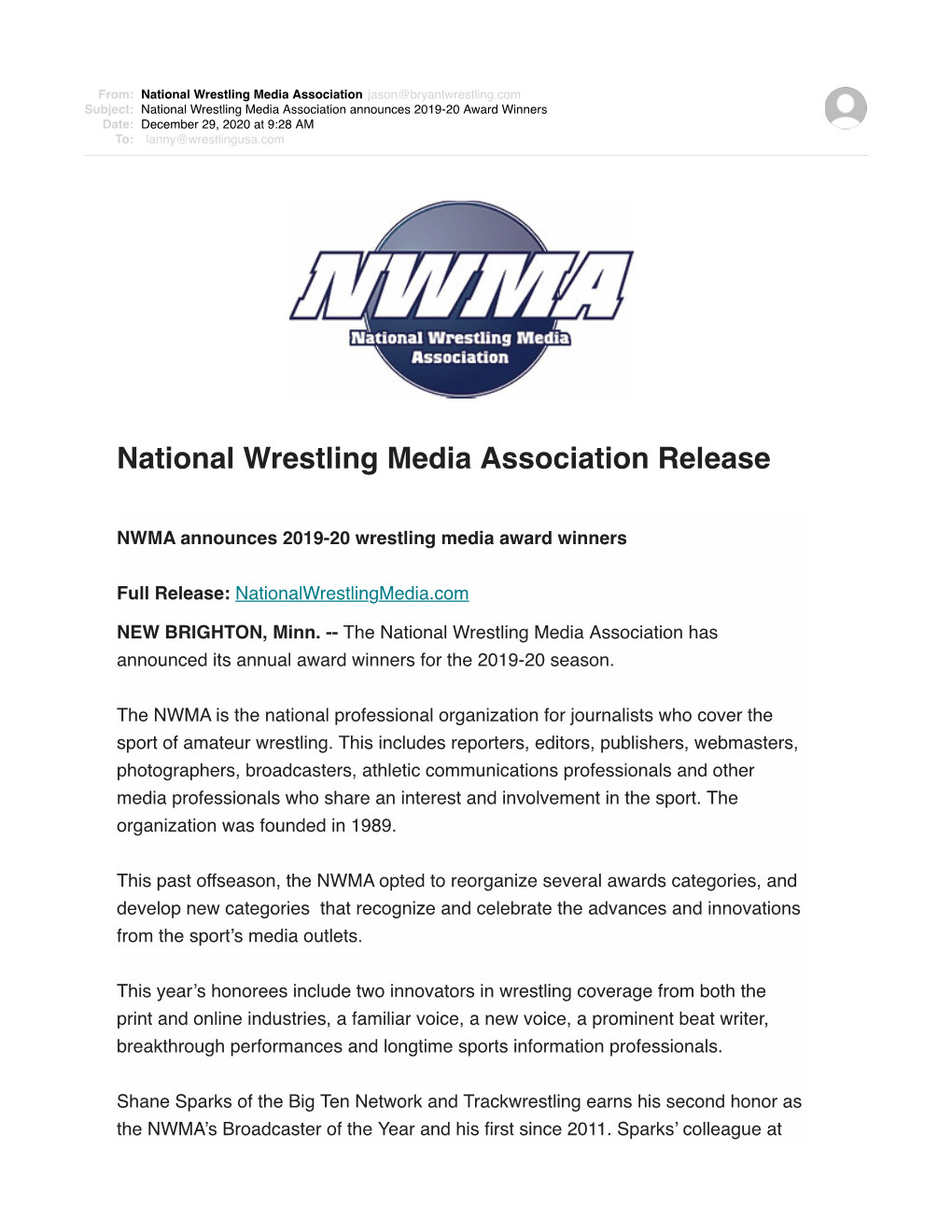 National Wrestling Media Association Announces 201920 Award Winners