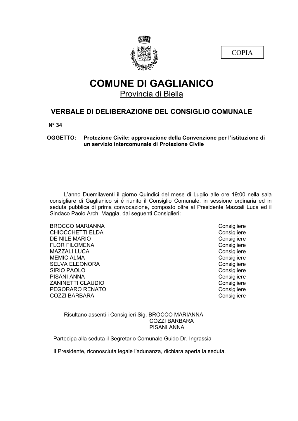 COMUNE DI GAGLIANICO Provincia Di Biella