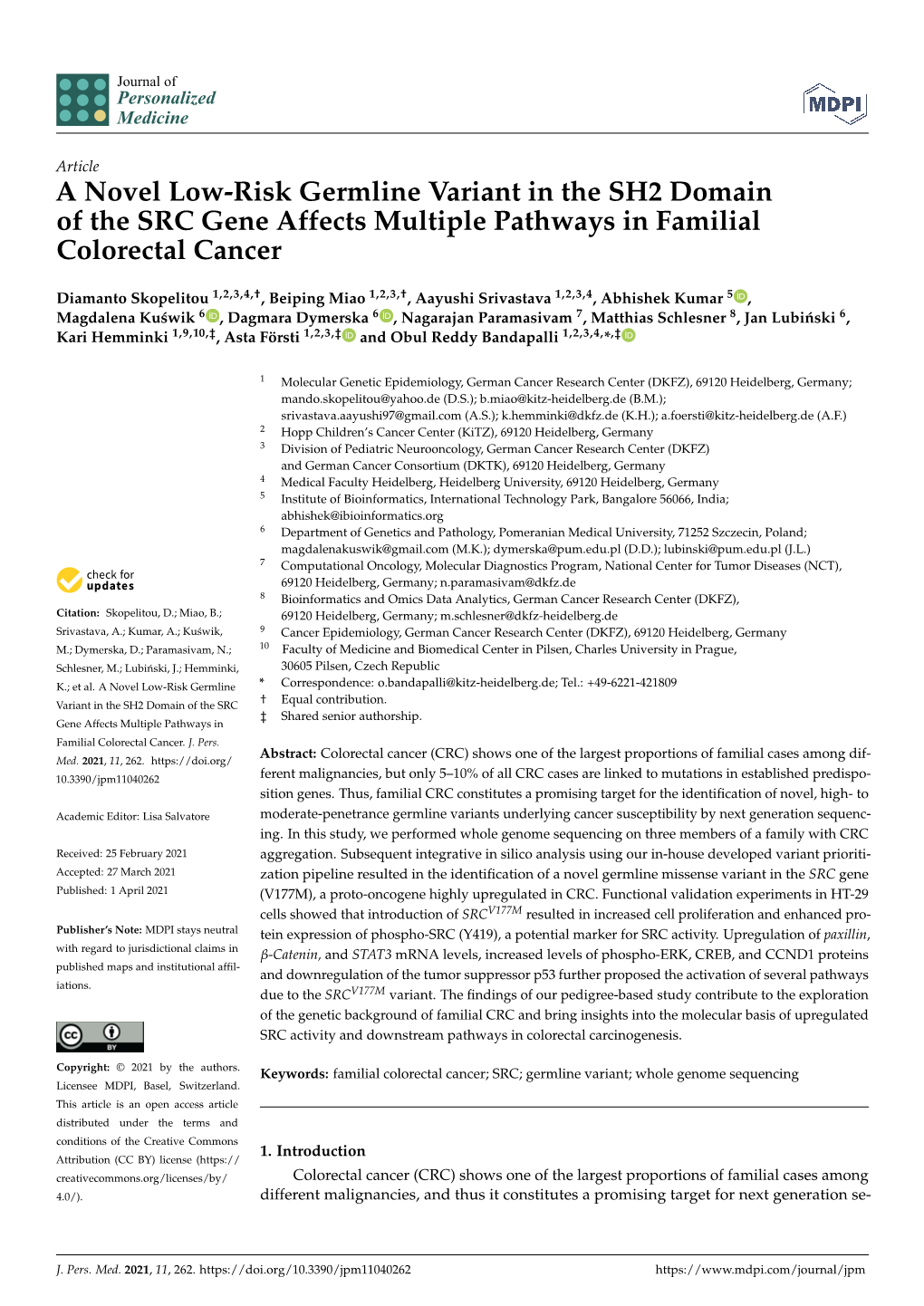 A Novel Low-Risk Germline Variant in the SH2 Domain of the SRC Gene Affects Multiple Pathways in Familial Colorectal Cancer