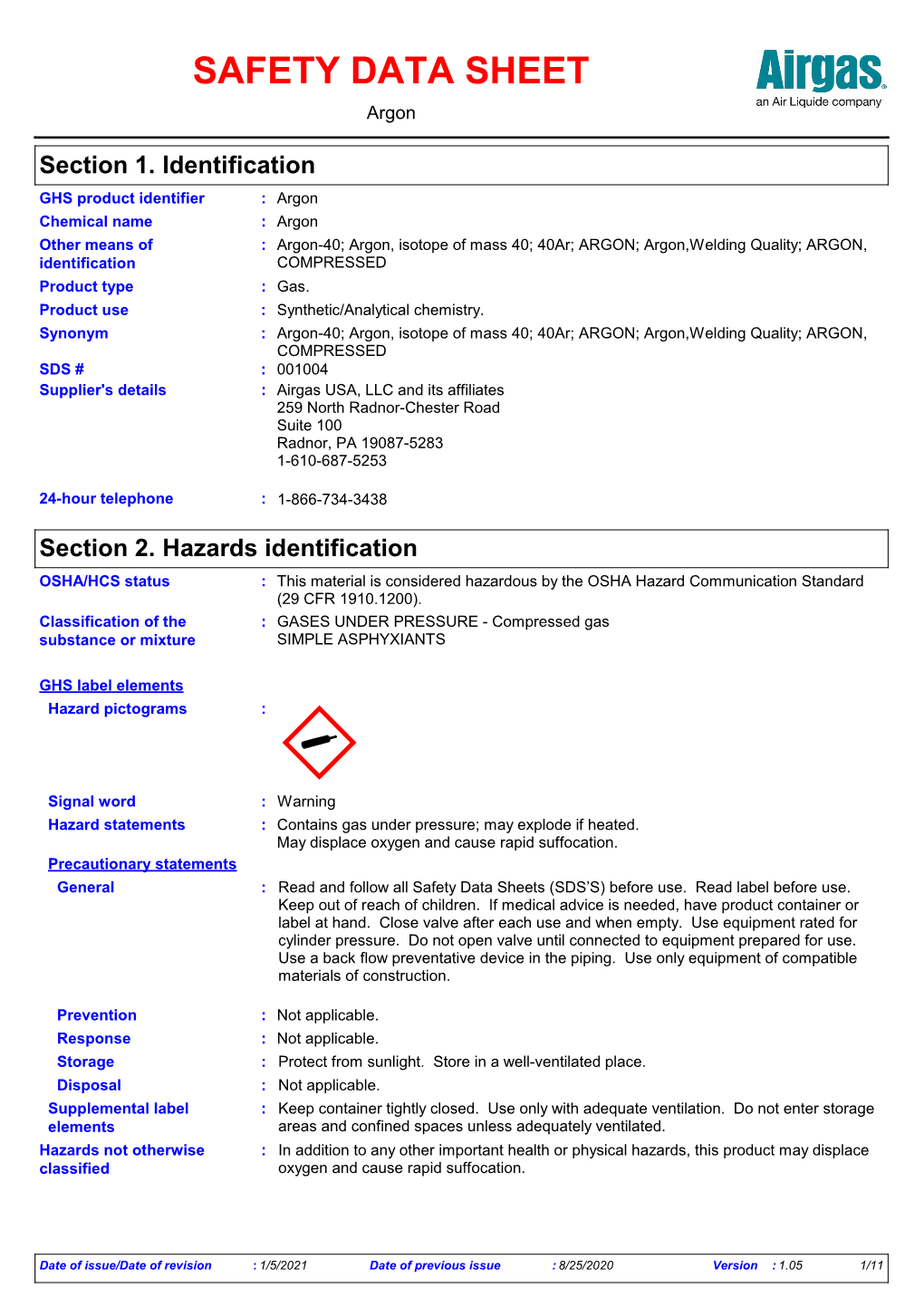 SAFETY DATA SHEET Argon