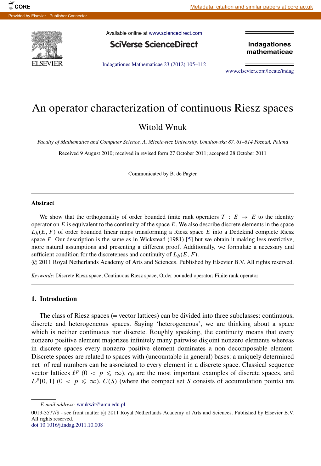 An Operator Characterization of Continuous Riesz Spaces