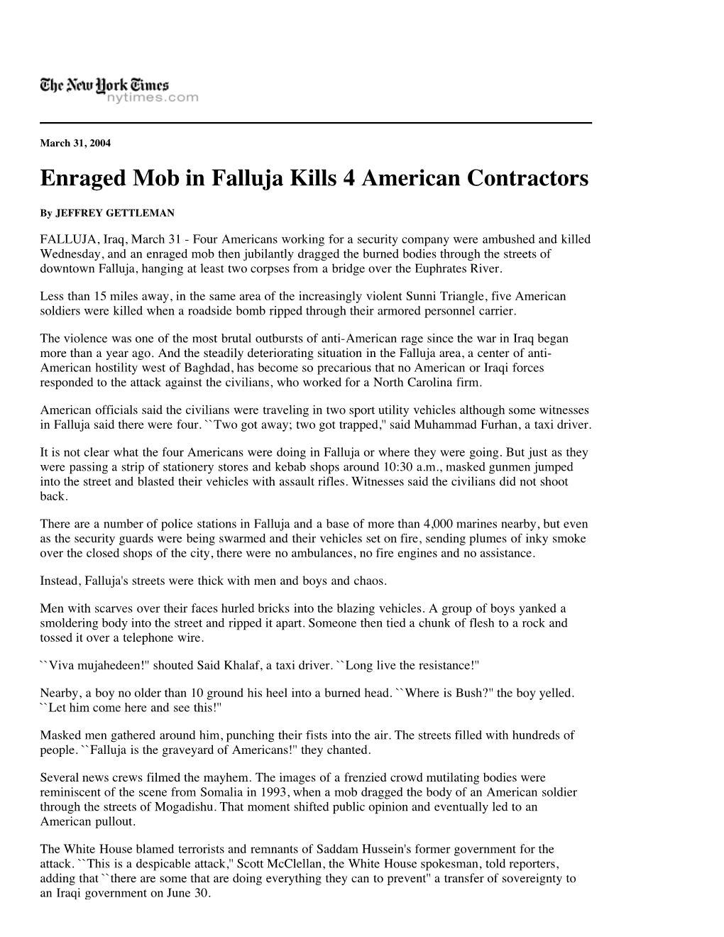 Enraged Mob in Falluja Kills 4 American Contractors