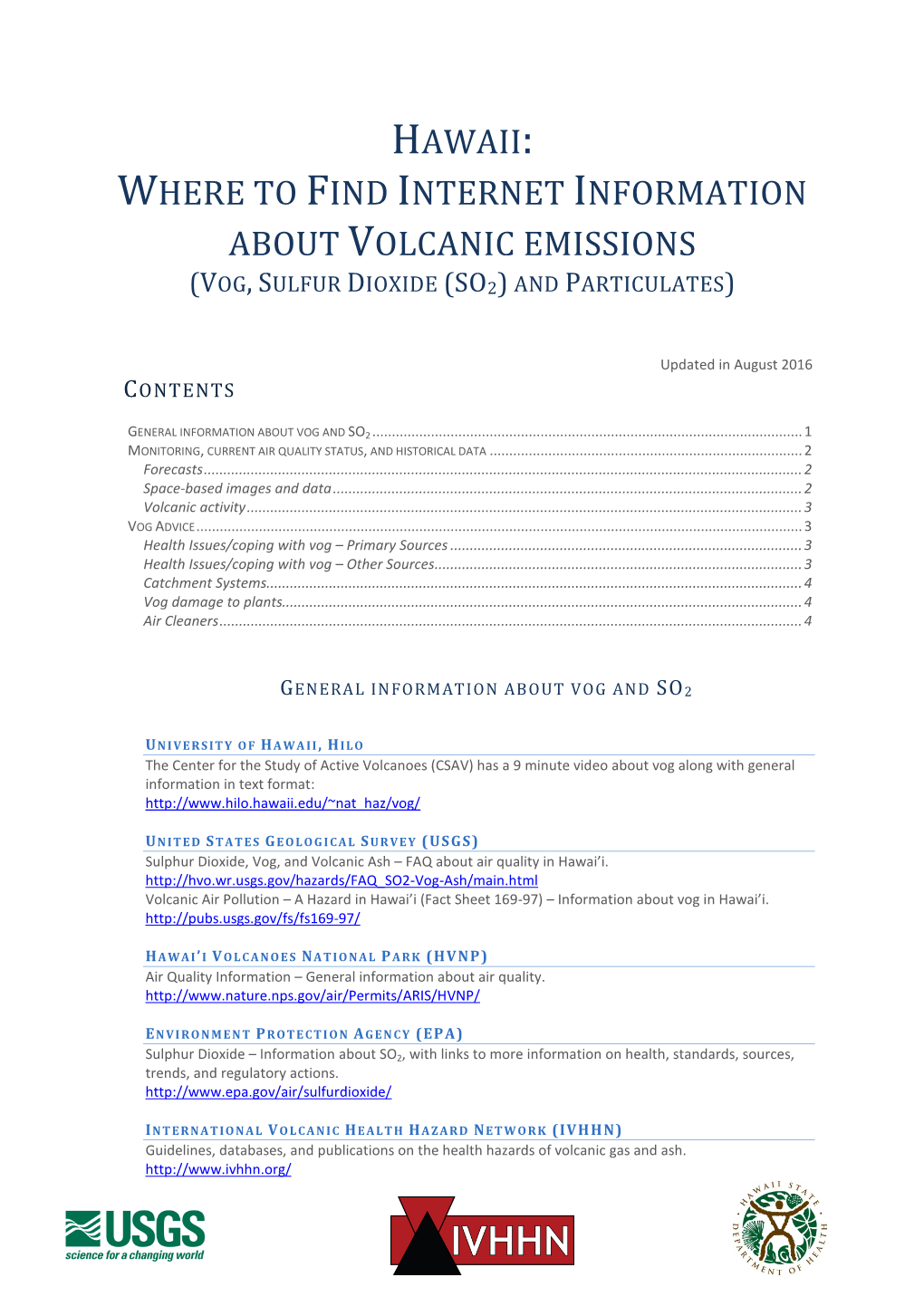 Hawaii: Where to Find Internet Information About Volcanic Emissions (Vog, Sulfur Dioxide (So2) and Particulates)