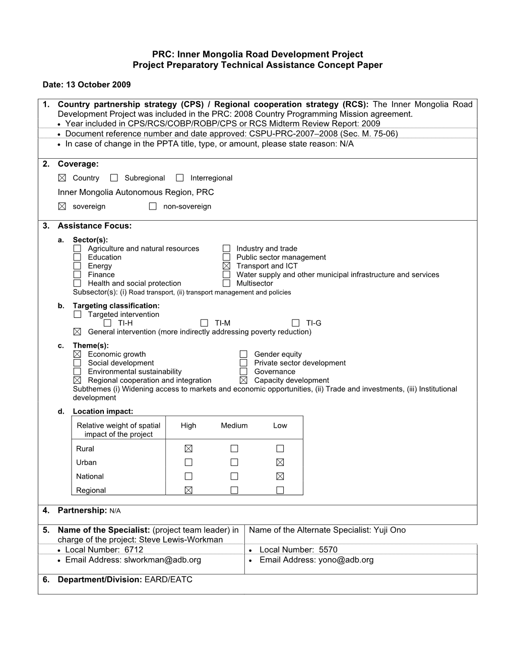 Inner Mongolia Road Development Project Project Preparatory Technical Assistance Concept Paper