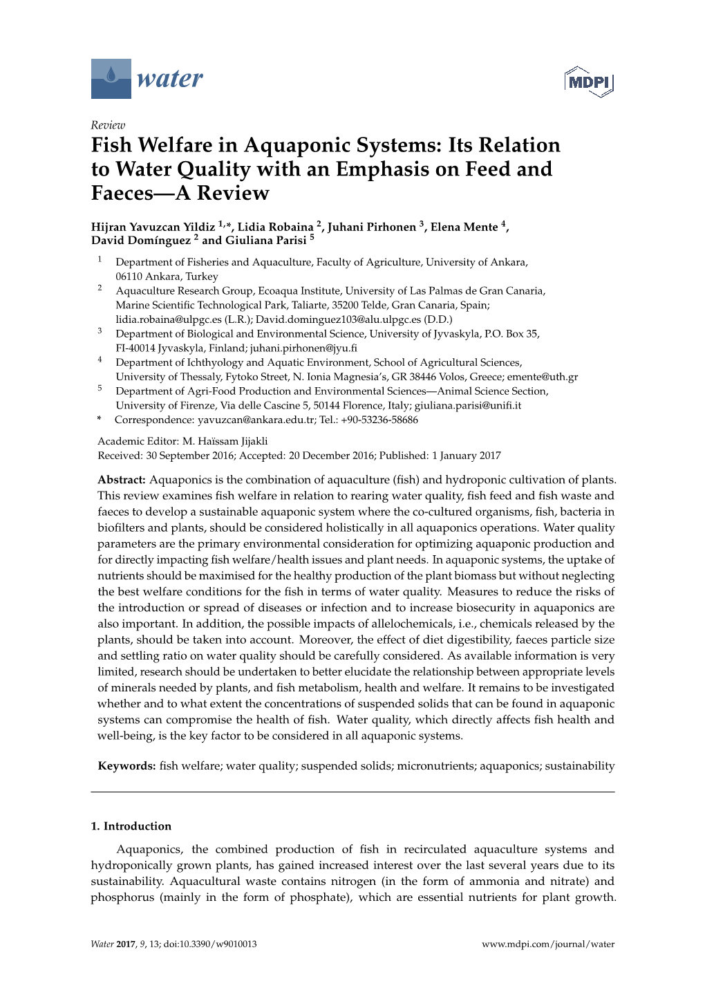 Fish Welfare in Aquaponic Systems: Its Relation to Water Quality with an Emphasis on Feed and Faeces—A Review