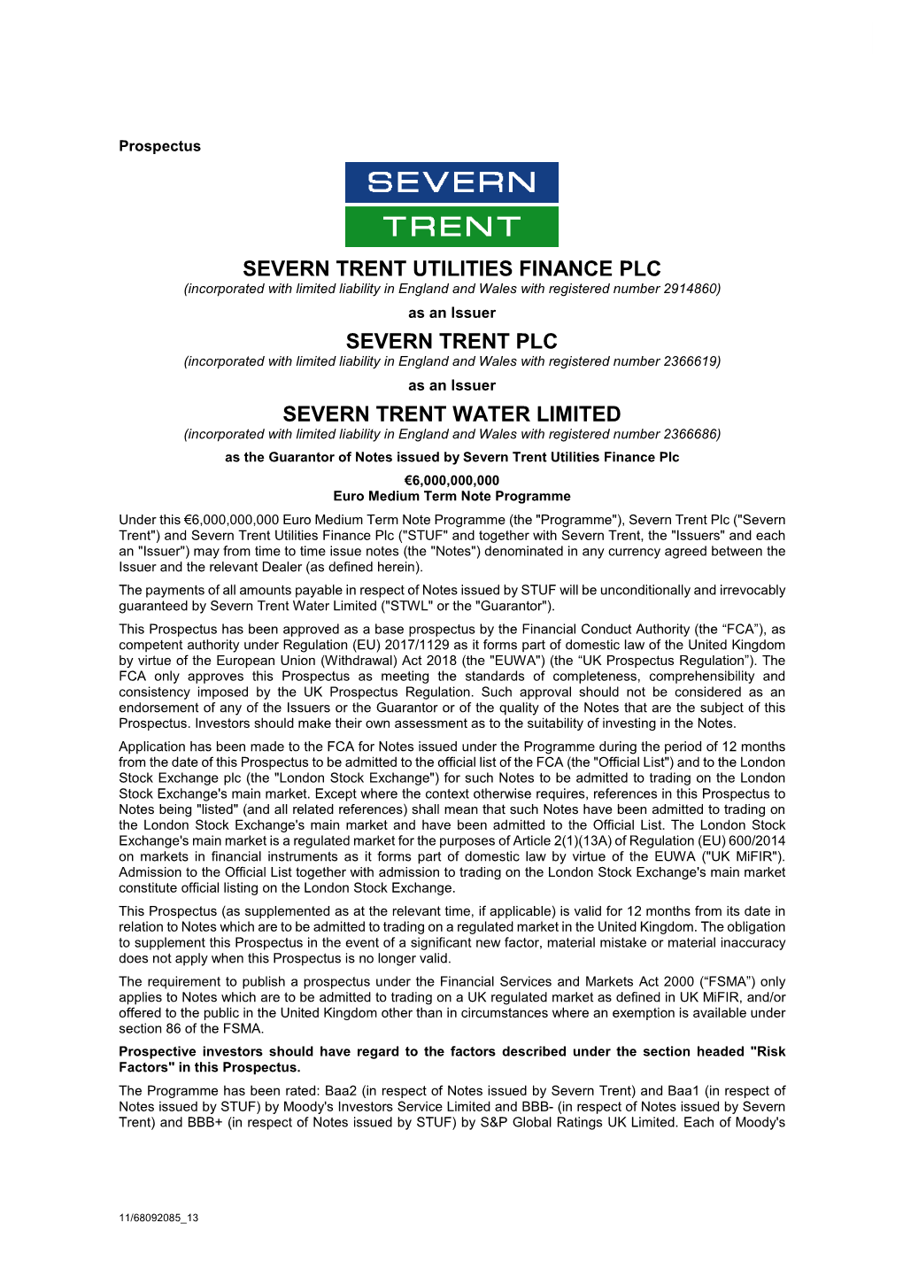 Severn Trent Utilities Finance Plc Severn Trent Plc Severn Trent Water Limited