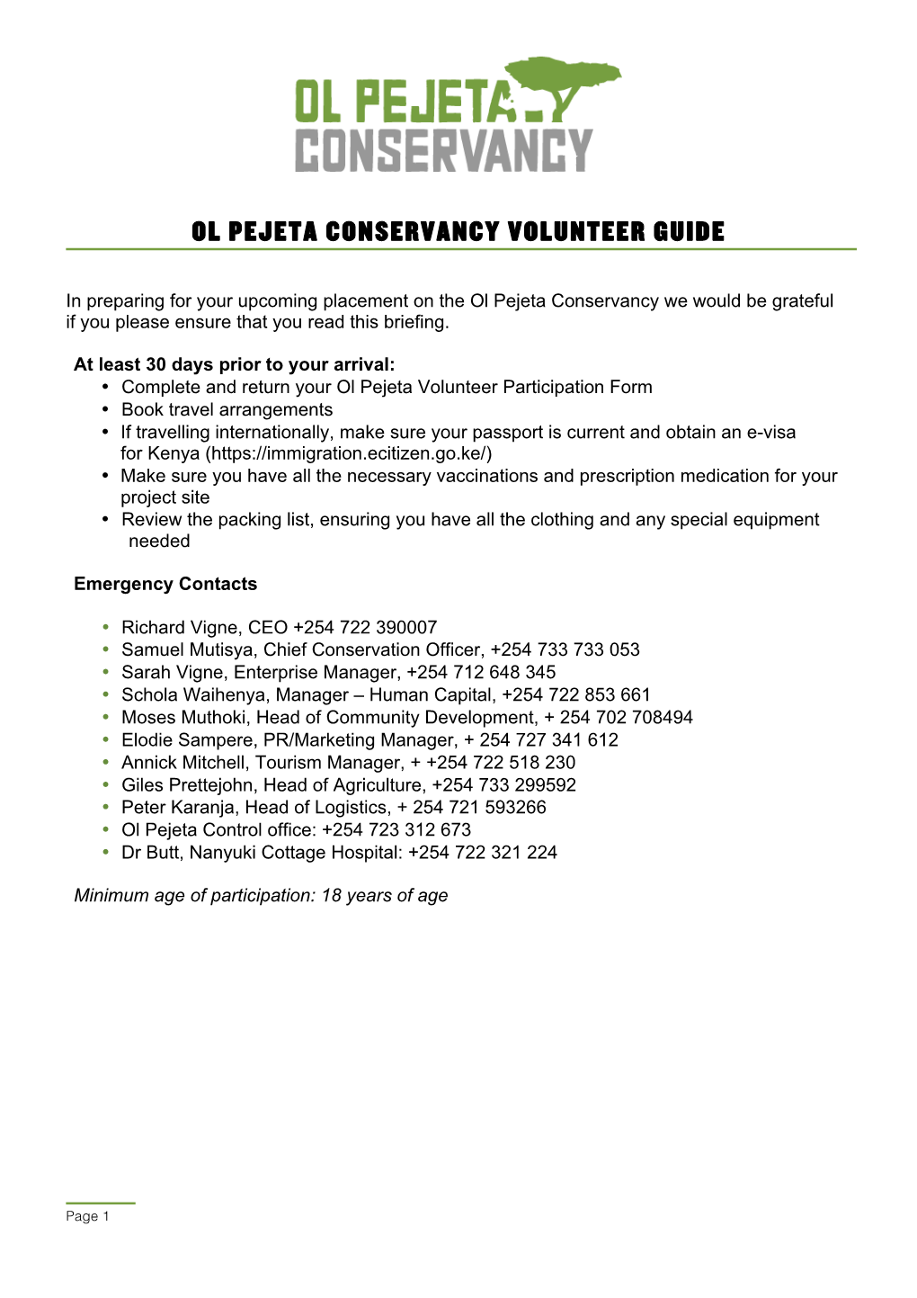Ol Pejeta Conservancy Volunteer Guide