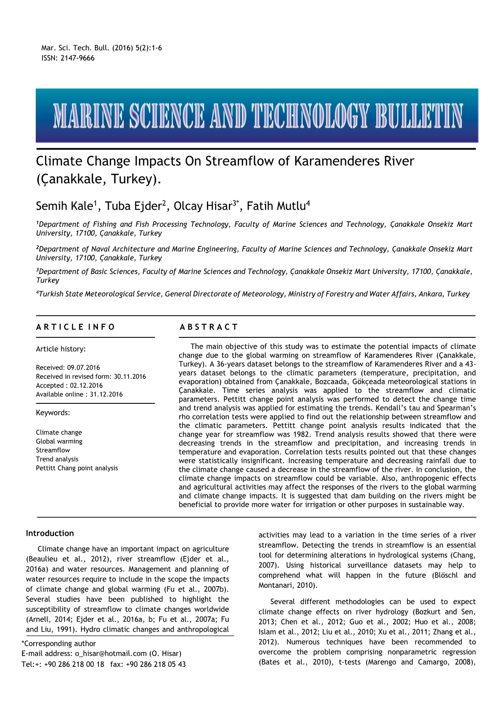 Climate Change Impacts on Streamflow of Karamenderes River (Çanakkale, Turkey)